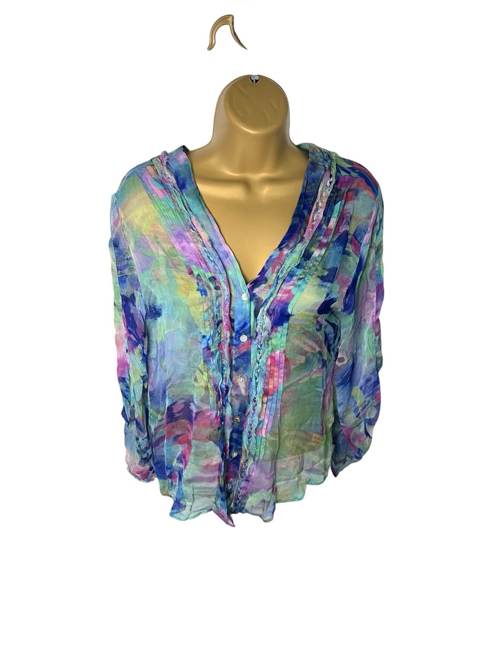 Vtg 90s Casual Studio Sheer Button Front Blouse Watercolor Blue Purple S